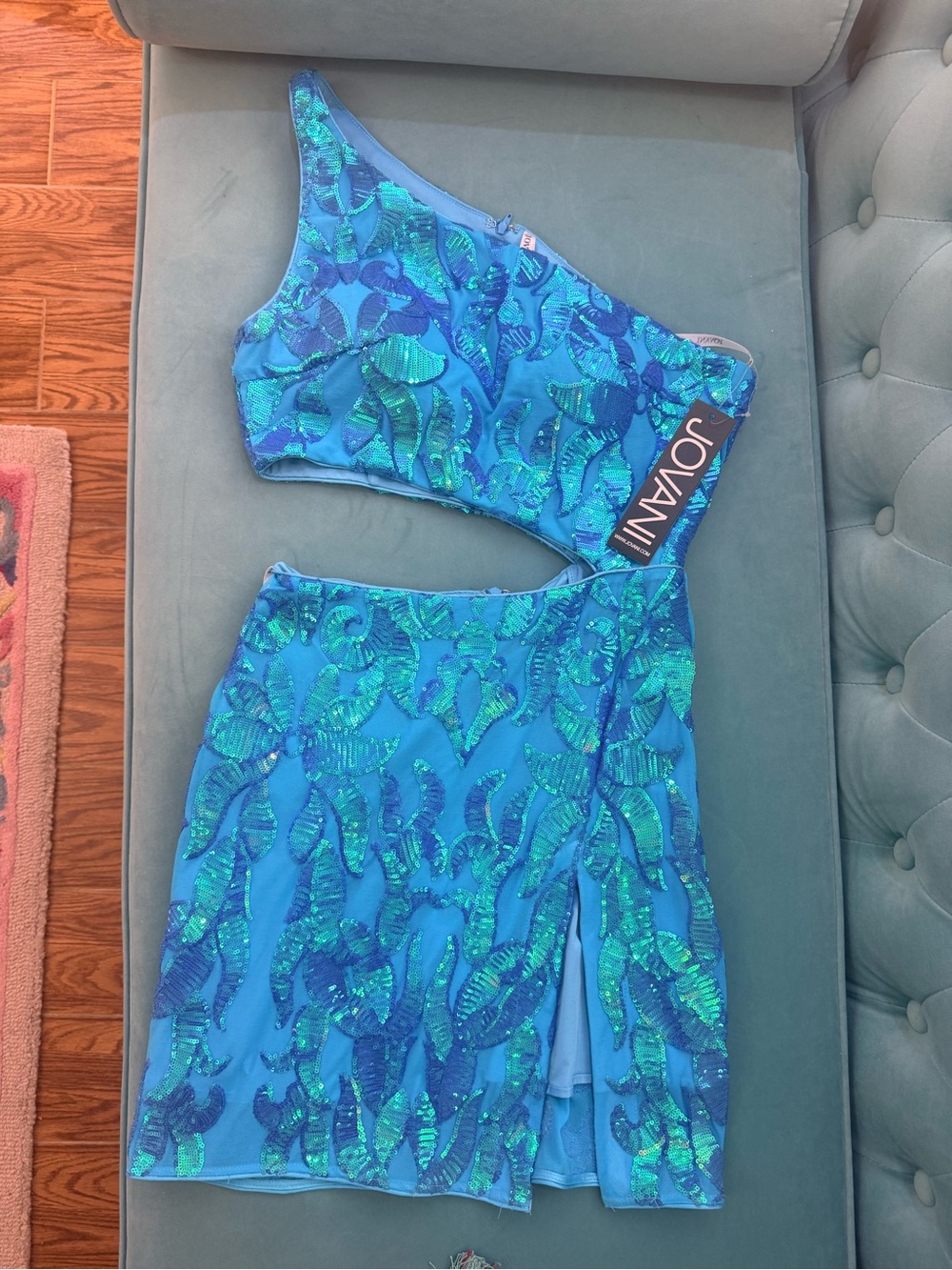 NWT One-Shoulder sequin cut-out turquoise Jovani dress style 22854 size 8